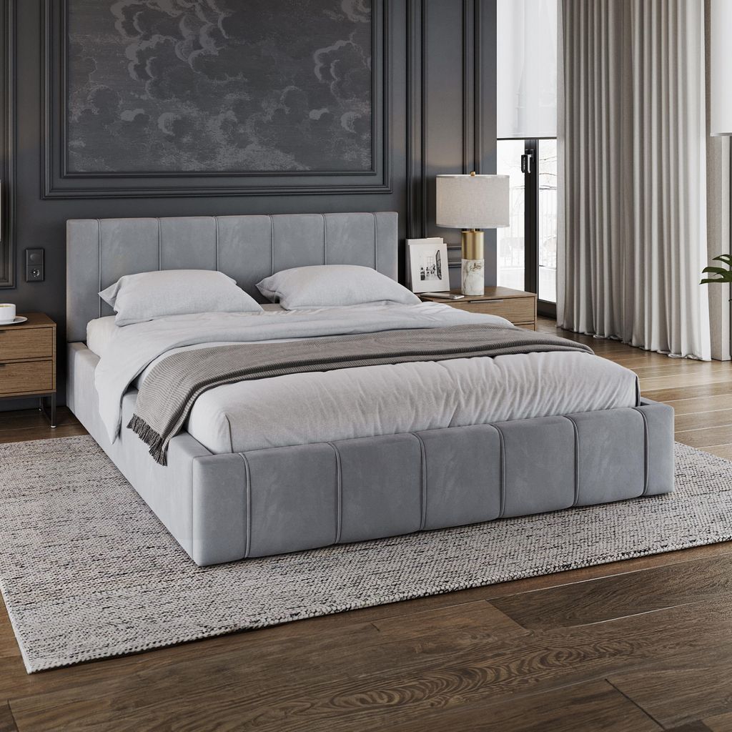 FDM Bett FLORIDA Paris 140x200 cm Polsterbett mit Lattenrost aus Metall Bettkasten Stauraumbett Samt light grau