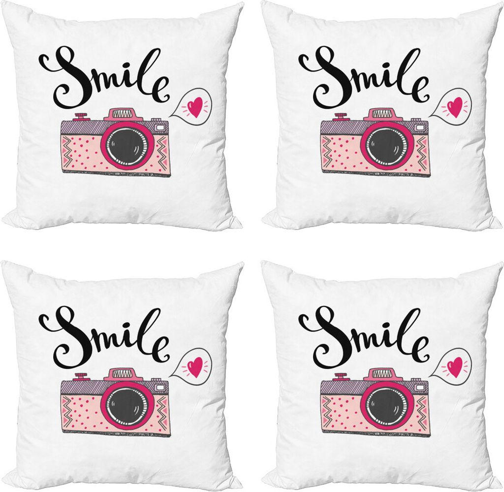 ABAKUHAUS Kamera Kissenbezug Set (4 Stück), Lächeln Typografie Romantische, Moderner Doppelseitiger Digitaldruck, 40 cm x 40 cm, Pink Schwarz Weiß