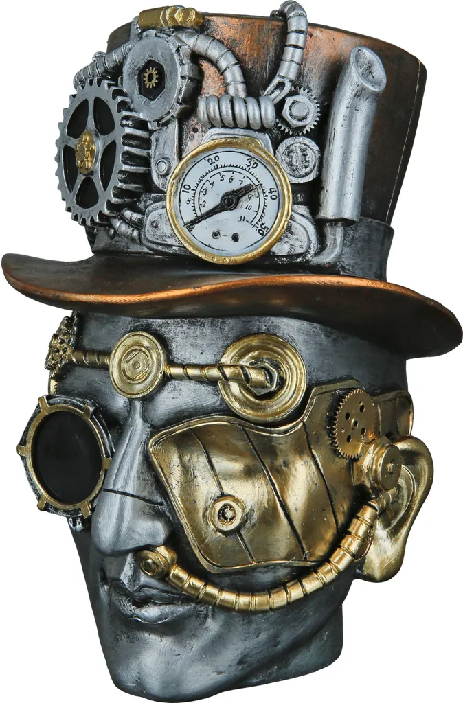 Buste Steampunk Male argent pour déco cabinet de curiosité, 20 cm