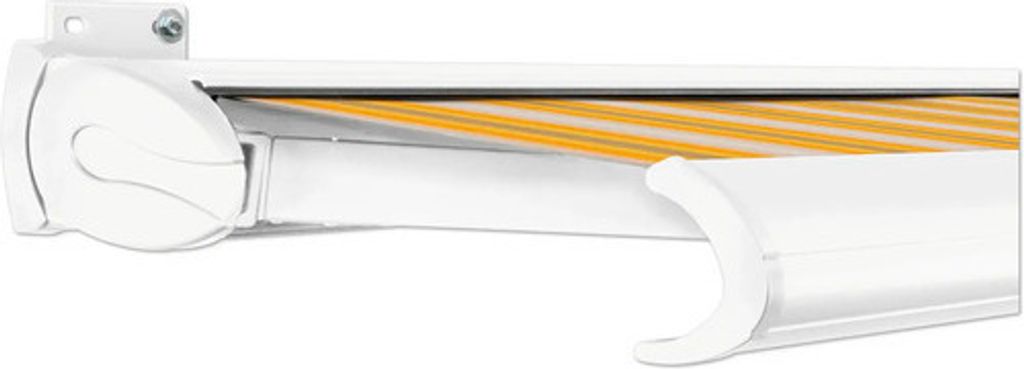 SOLUNA Kassettenmarkise Exclusiv 4,5x3 Stoff Dessin 30A774 Gestell RAL 9010 verkehrsweiß Antrieb links inkl. Motor und W