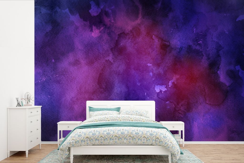 MuchoWow Fototapete für Wohnzimmer oder Schlafzimmer Wandtapete Vinyl Motivtapete Aquarell - Lila - Abstrakt - 360x240 cm - Vinyl-Tapete