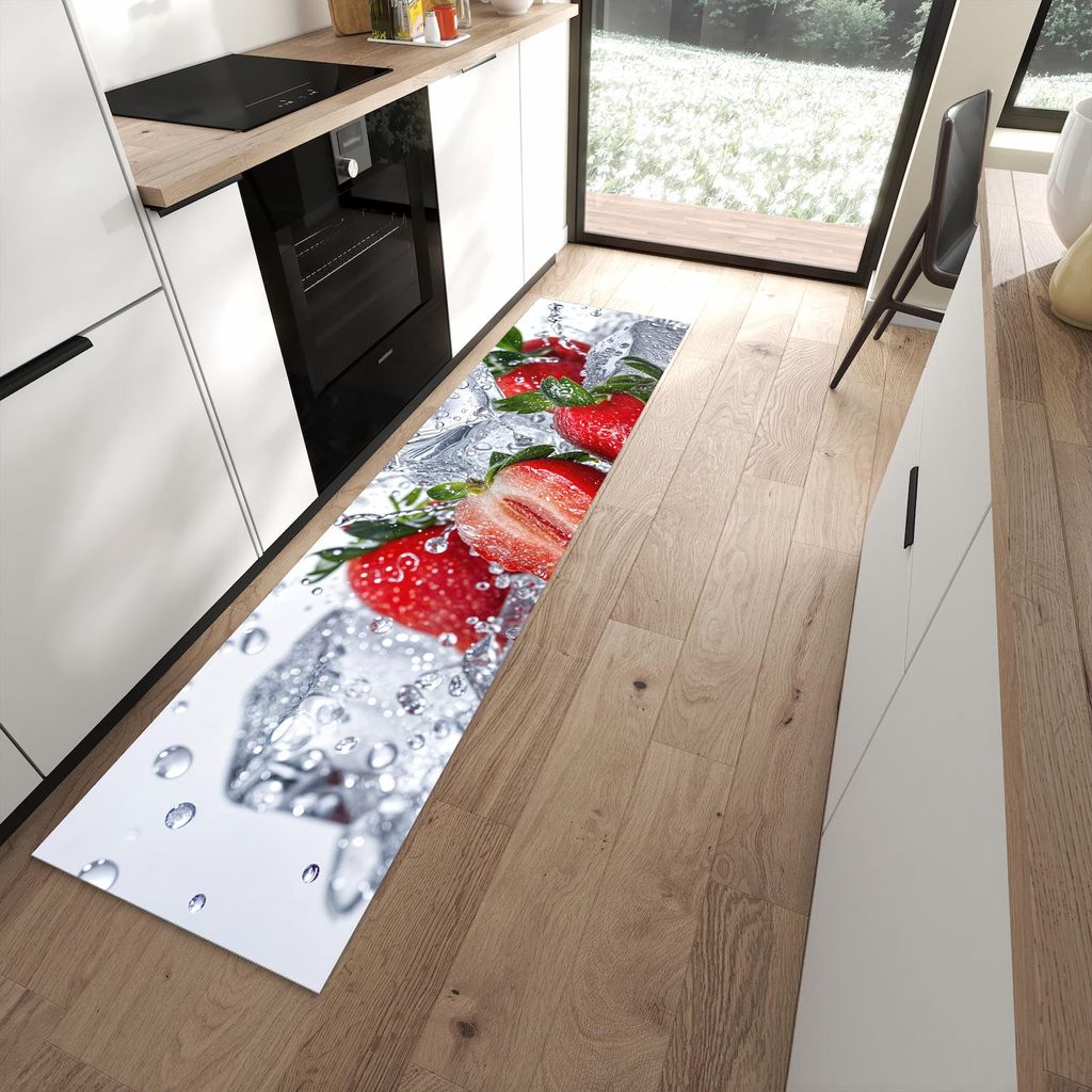 Küchenteppich 60x240cm rutschfest & abwischbar PVC Läufer - Erdbeeren im Wasser