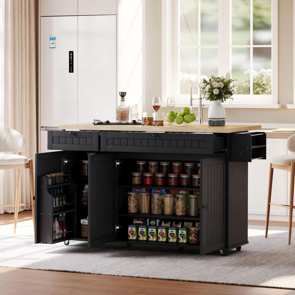 STILVORA Kücheninsel Buffetschrank Sideboard mit klappbarer Arbeitsplatte und 6 feststellbaren Rollen,Küchenschrank mit Ablage und 2 großen Schu...