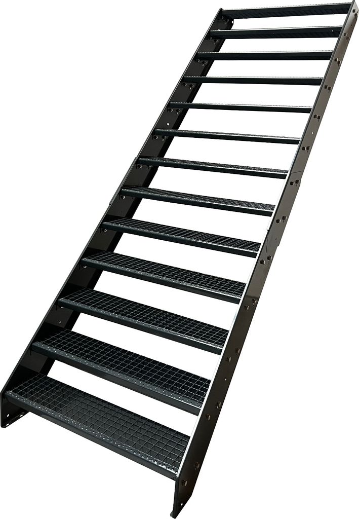 Stahl Wangentreppe Gitterroststufen 13 Stufen - Verzinkt & Anthrazit pulverlackiert - (B x H x T) 80 x 247x 253 cm