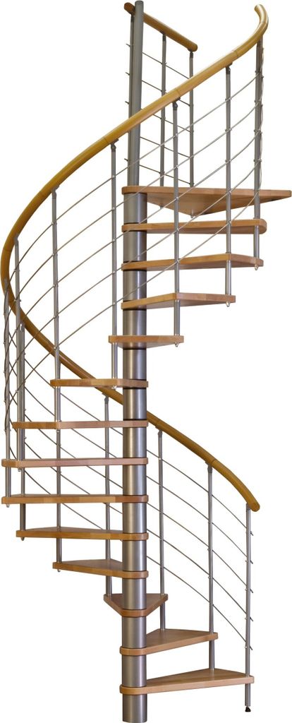 Minka Spindeltreppe Venezia Buche keilgezinkt mit Handlauf und UK in silber Ø120cm bis 309,4cm Geschosshöhe