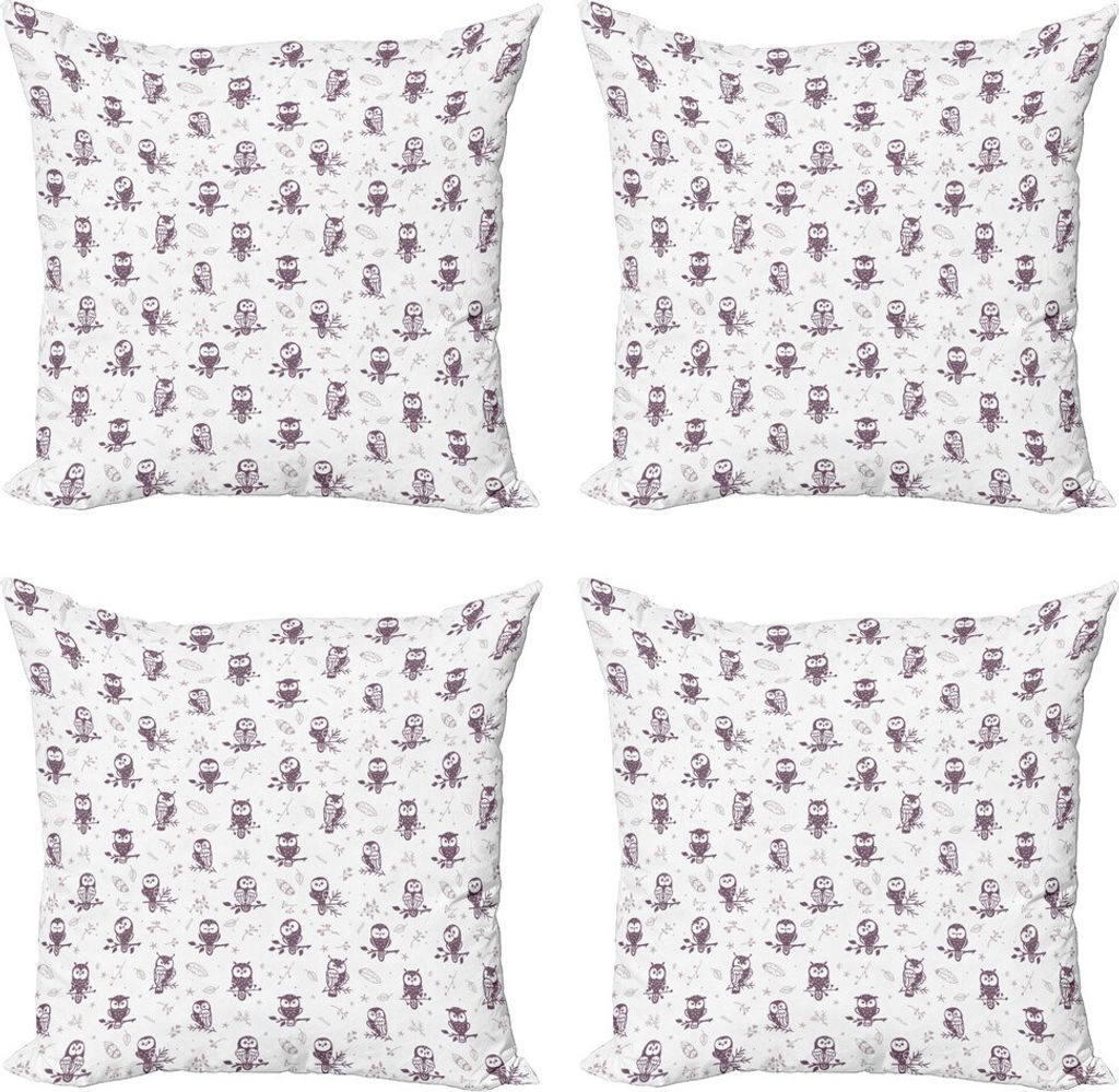ABAKUHAUS Eule Kissenbezug Set (4 Stück), Eulen auf dem Ast, Moderner Doppelseitiger Digitaldruck, 40 cm x 40 cm, Auberginen-Weiß