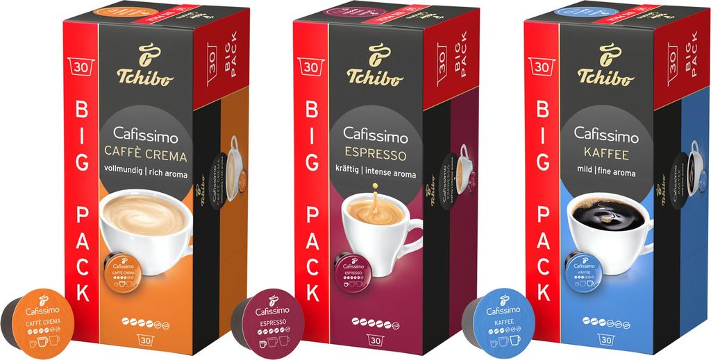 Tchibo Cafissimo Probierset verschiedene Sorten Caffè Crema, Espresso und Kaffee, 90 Stück (3x30 Kaffeekapseln), nachhaltig & fair gehandelt