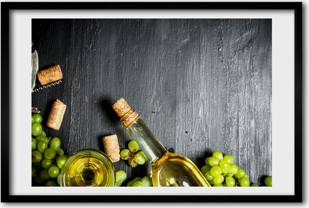 Bild 60x40 MDF-Rahmen, Wandkunst Weißwein und Obst