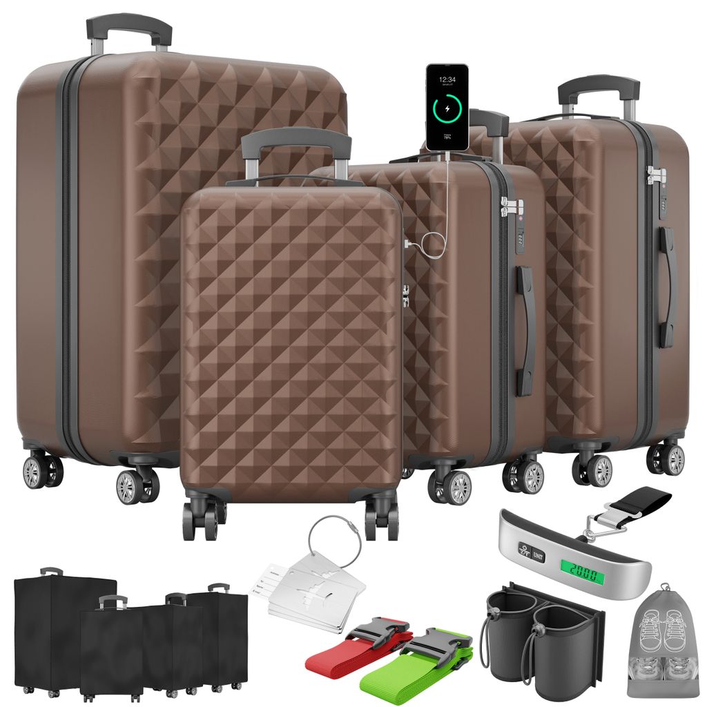 A collection of luggage and travel accessories, including suitcases, luggage covers, luggage scales, and straps.