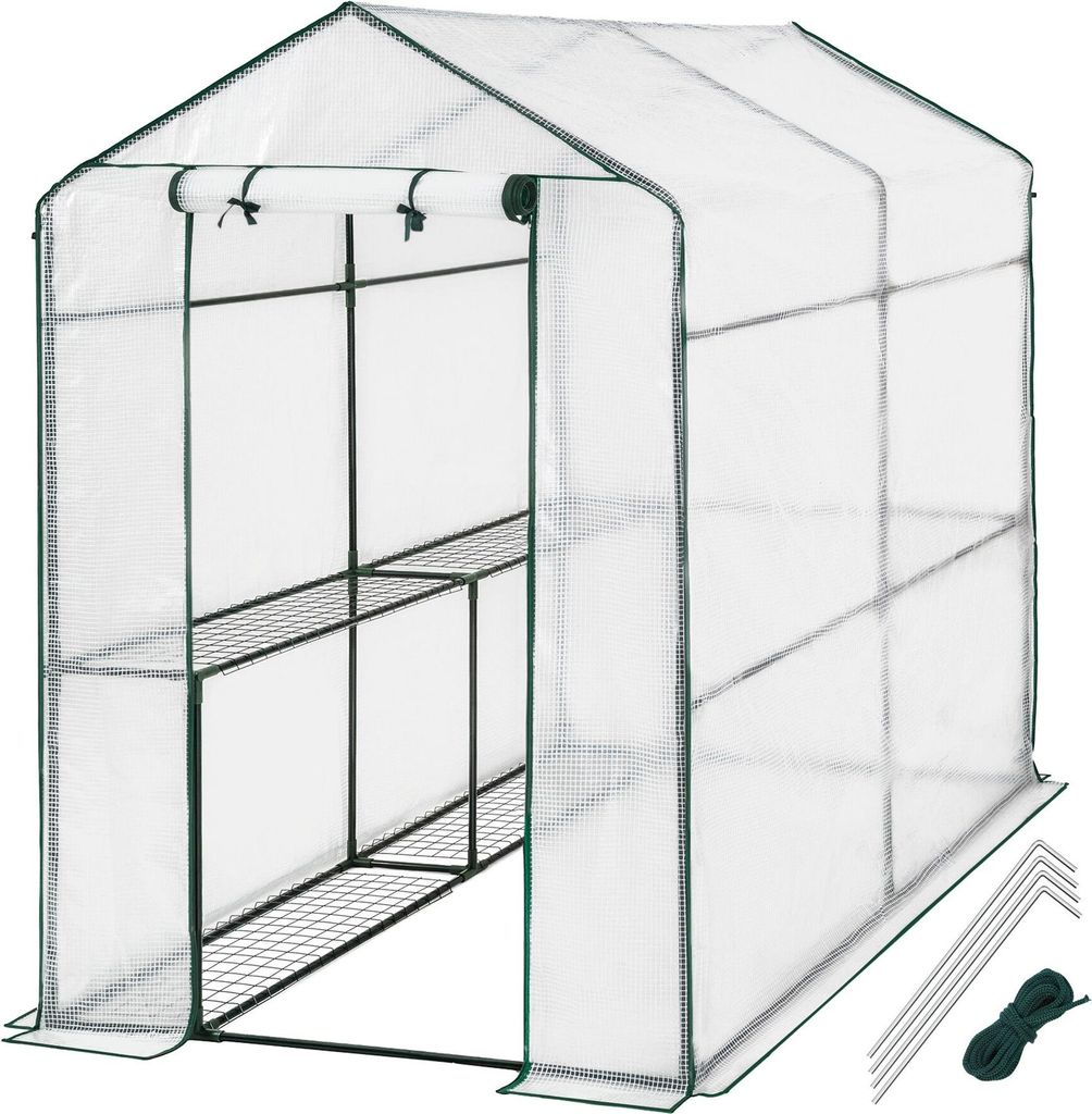 A greenhouse with shelves, stakes, and rope.