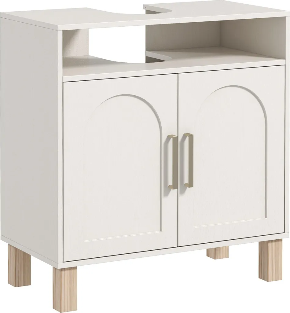 Meuble de salle de bain blanc sous évier avec placard et niche ouverte