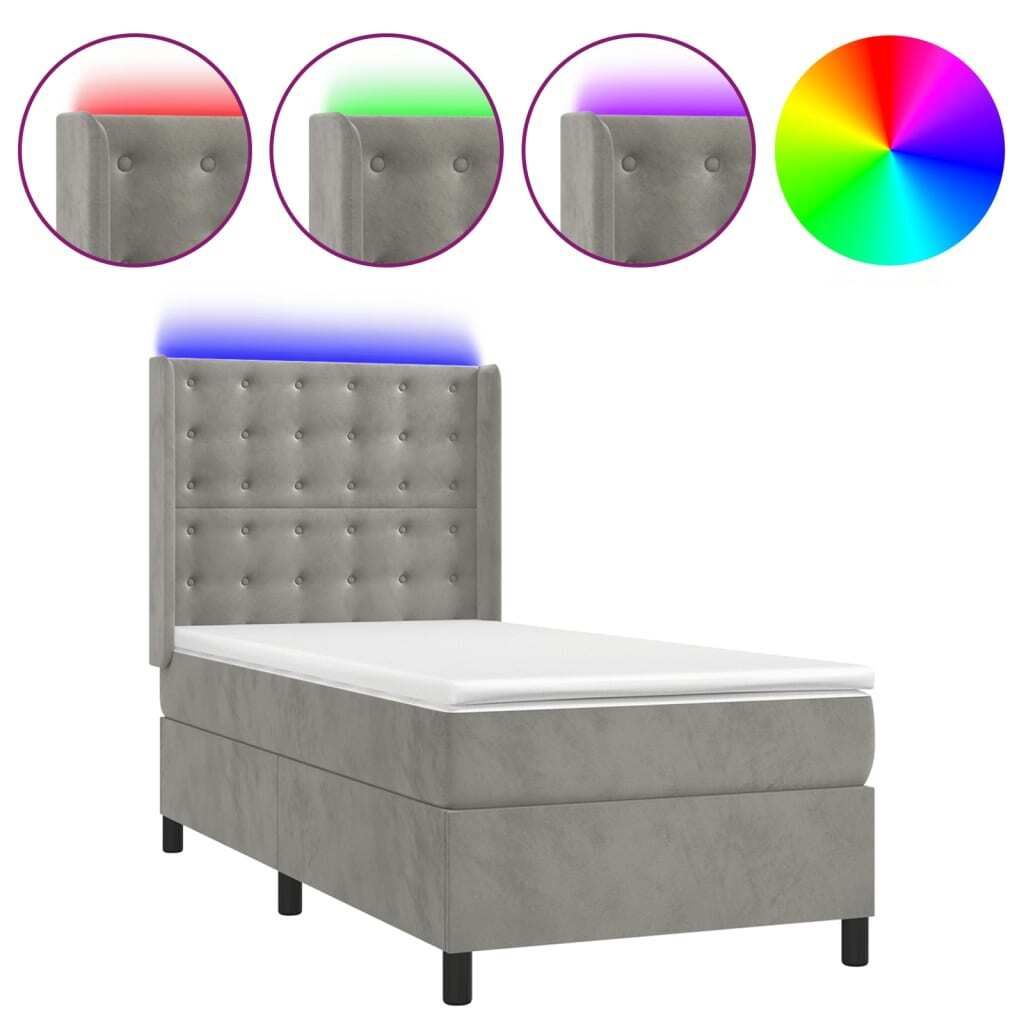 "SALE 2026"Boxspringbett - Einzelbett/Jugendbett mit Lattenrost - mit Matratze & LED Hellgrau 90x190cm Samt - Klassische Betten DEMöbel867441