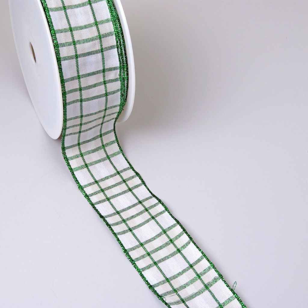 Karoband mit Lurexfaden weiß-grün - 40 mm - 20 m - 44599-40-20-67