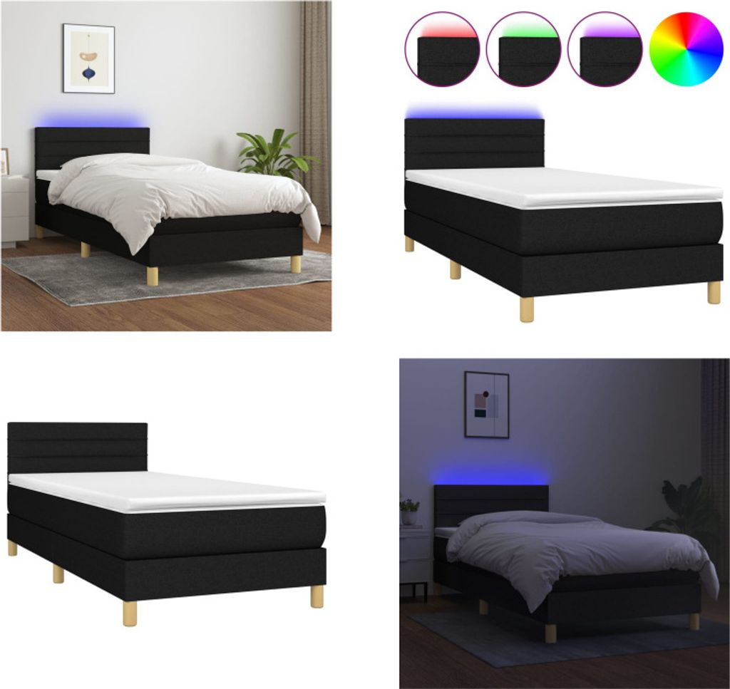 vidaXL Boxspringbett mit Matratze & LED Schwarz 90x200 cm Stoff - Boxspringbett - Boxspringbetten - Bett - Schlafzimmermöbel