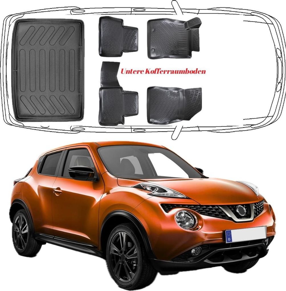 3D Auto Fußmatten & Untere Kofferraumwanne Set Kompatibel mit Nissan Juke 1.Gen 2016-2019