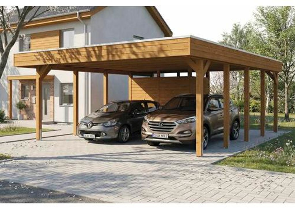 Doppelcarport SKAN HOLZ Friesland inkl. Abstellraum, Pfostenanker 546 x 708 cm nussbaum