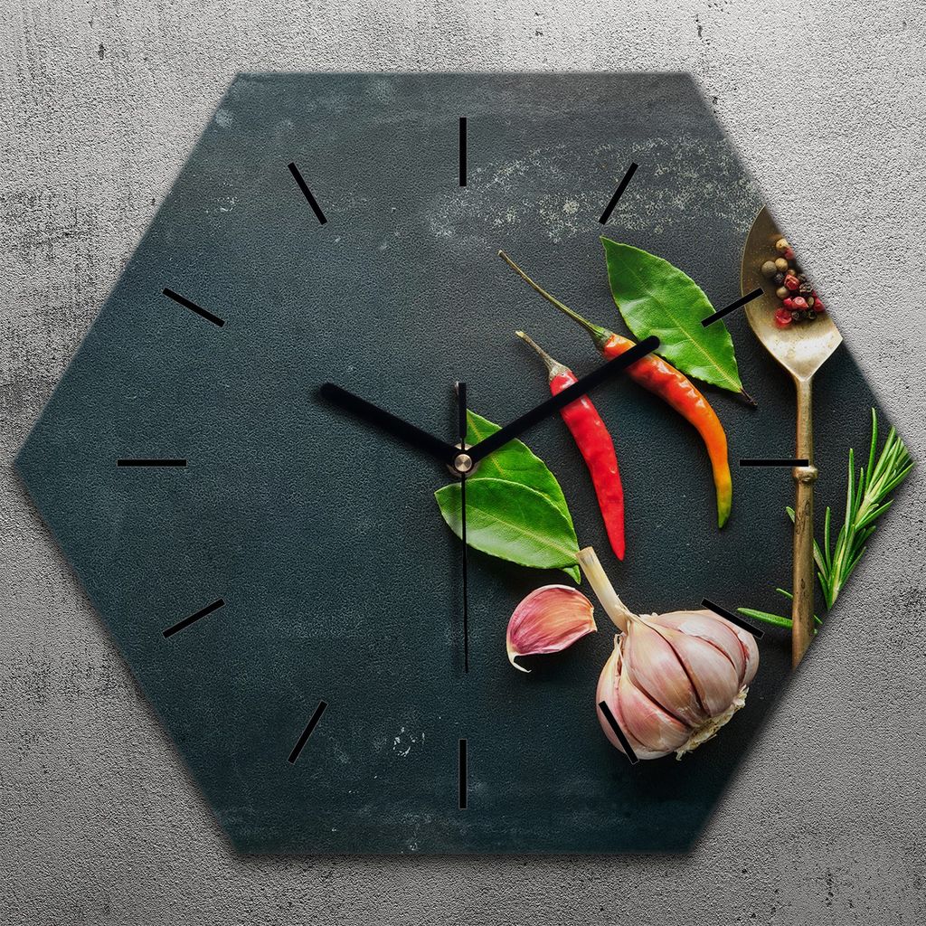 Uhr hexagonal 40 cm Glas Geräuschlos schwarze Zeiger - Kräuter und Gewürze