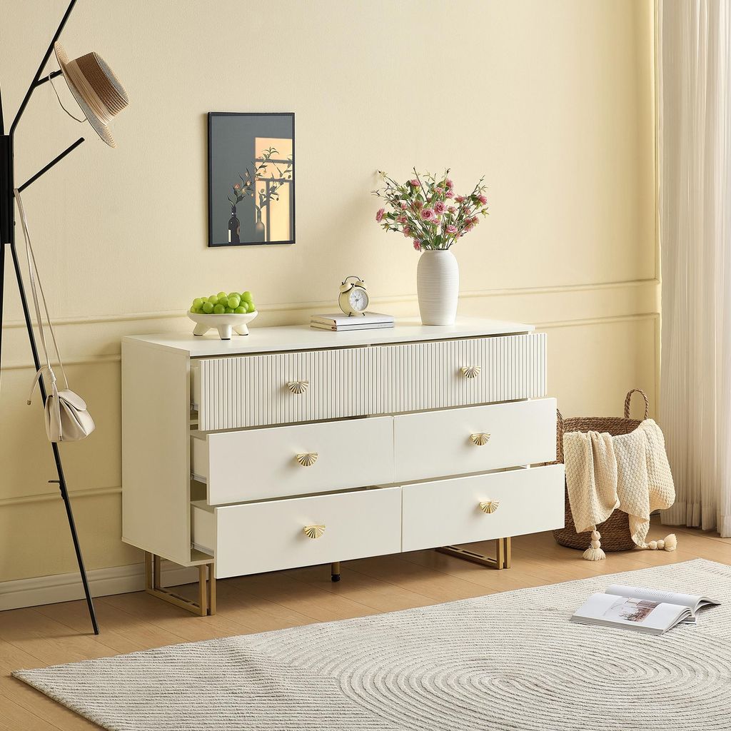 okwish Modernes Kommoden Sideboard mit sechs Schubladen,Anrichte Beistellschrank mit goldfarbenen Zinklegierungsgriffen,Weiß