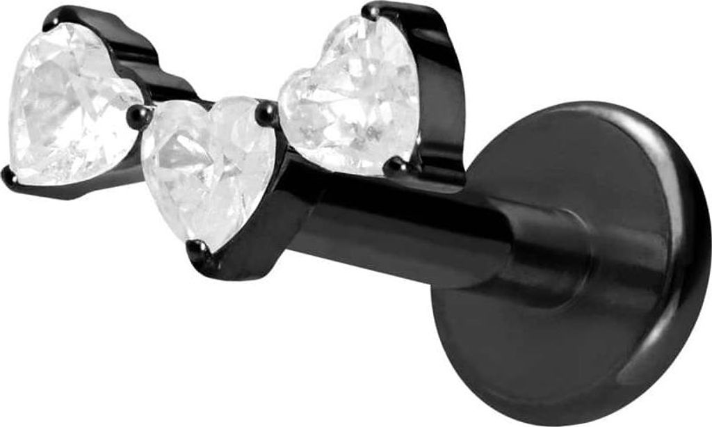 Ohrpiercing, Nasenpiercing Titan Labret mit Innengewinde 3 KRISTALLHERZEN Schwarz Stablänge: 10mm | Stabstärke: 1,2mm