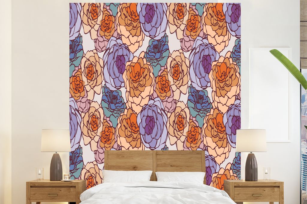 MuchoWow Fototapete für Wohnzimmer oder Schlafzimmer Wandtapete Vinyl Motivtapete Karte - Blume - Jugendstil - 210x260 cm - Wand Tapete