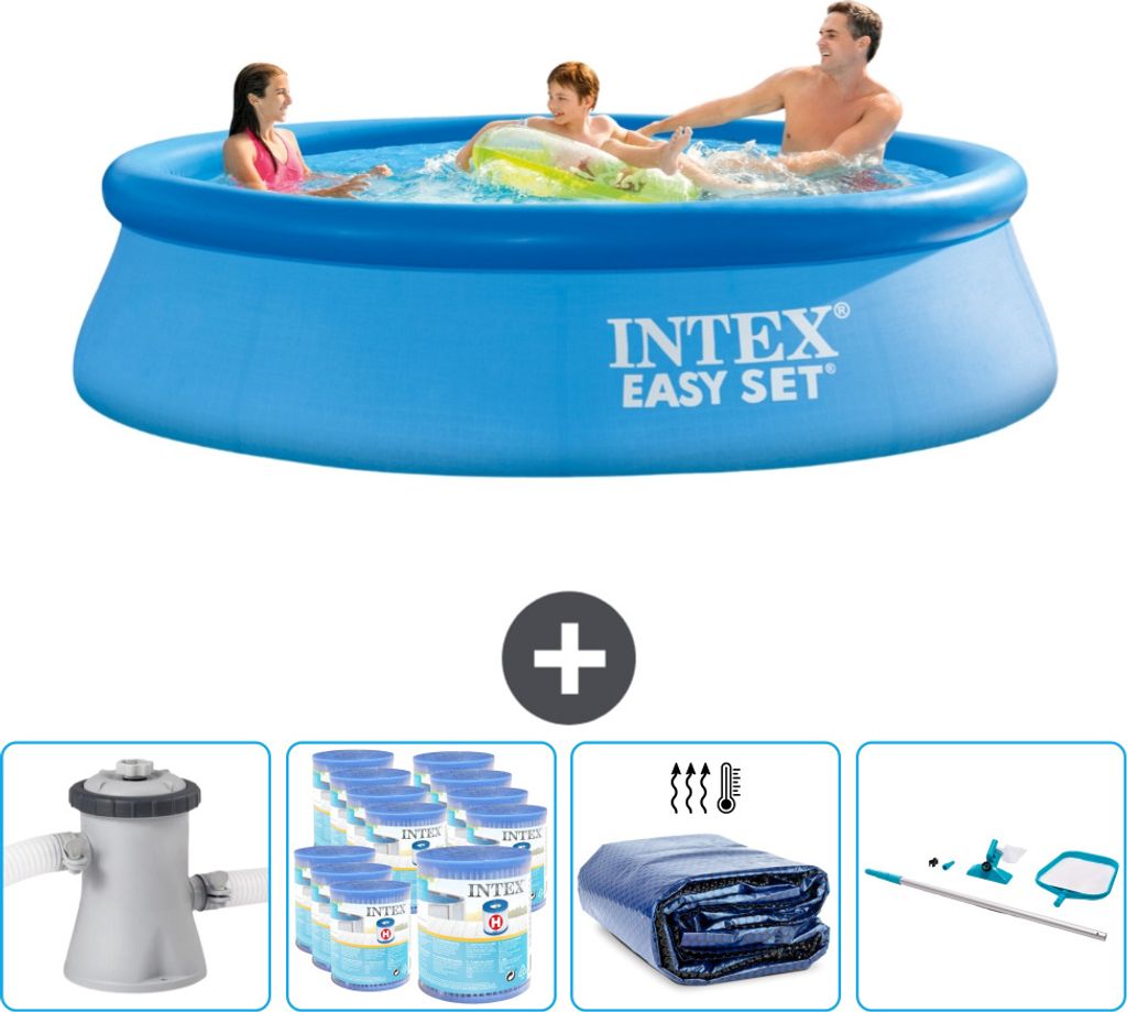 Intex runder aufblasbarer Easy Set-Schwimmpool – 305 x 76 cm – Blau – inklusive Pumpe Filter - Sonnensegel - Reinigungskit