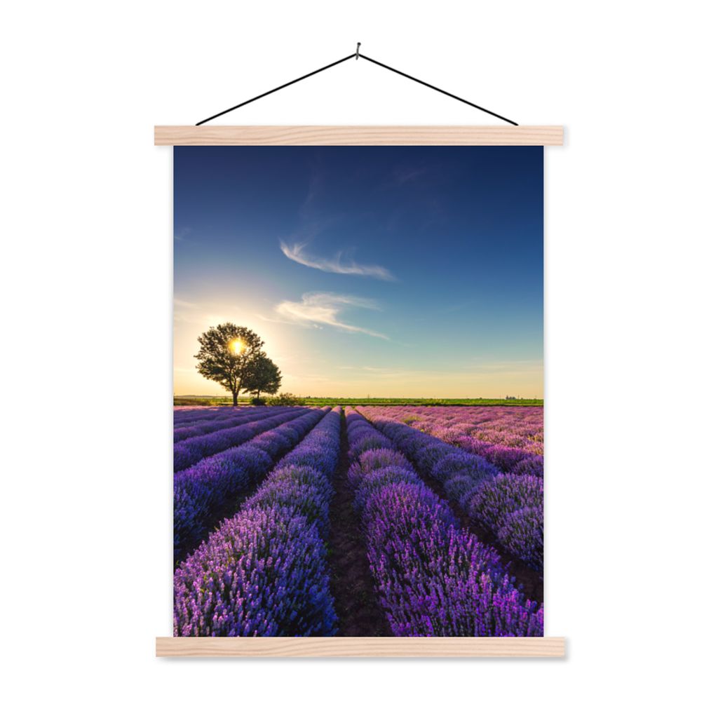 MuchoWow Textilposter Lavendel - Sonne - Baum - Blumen - Lila 60x80 cm mit holzfarbenen Rahmen - Wandbild