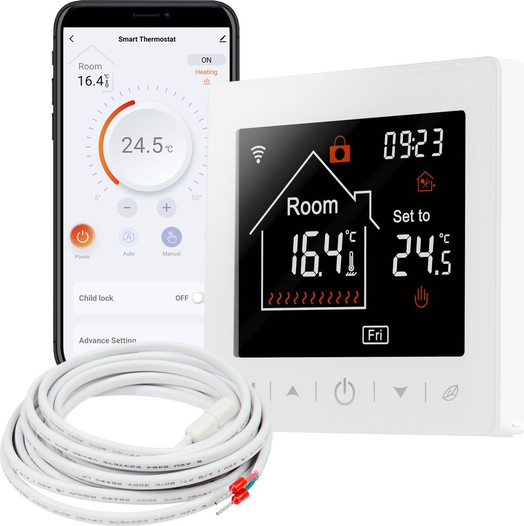A smart thermostat device and its accompanying smartphone app are displayed next to a coiled white cable.