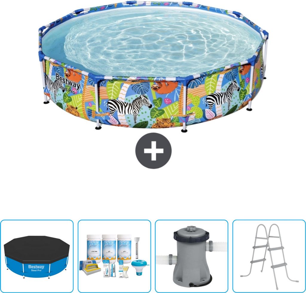 Bestway Round Steel Pro-Schwimmbecken – 305 x 66 cm – Dschungel-Druck – im Lieferumfang enthalten Abdeckung - Wartungspaket - Pumpe - Leiter