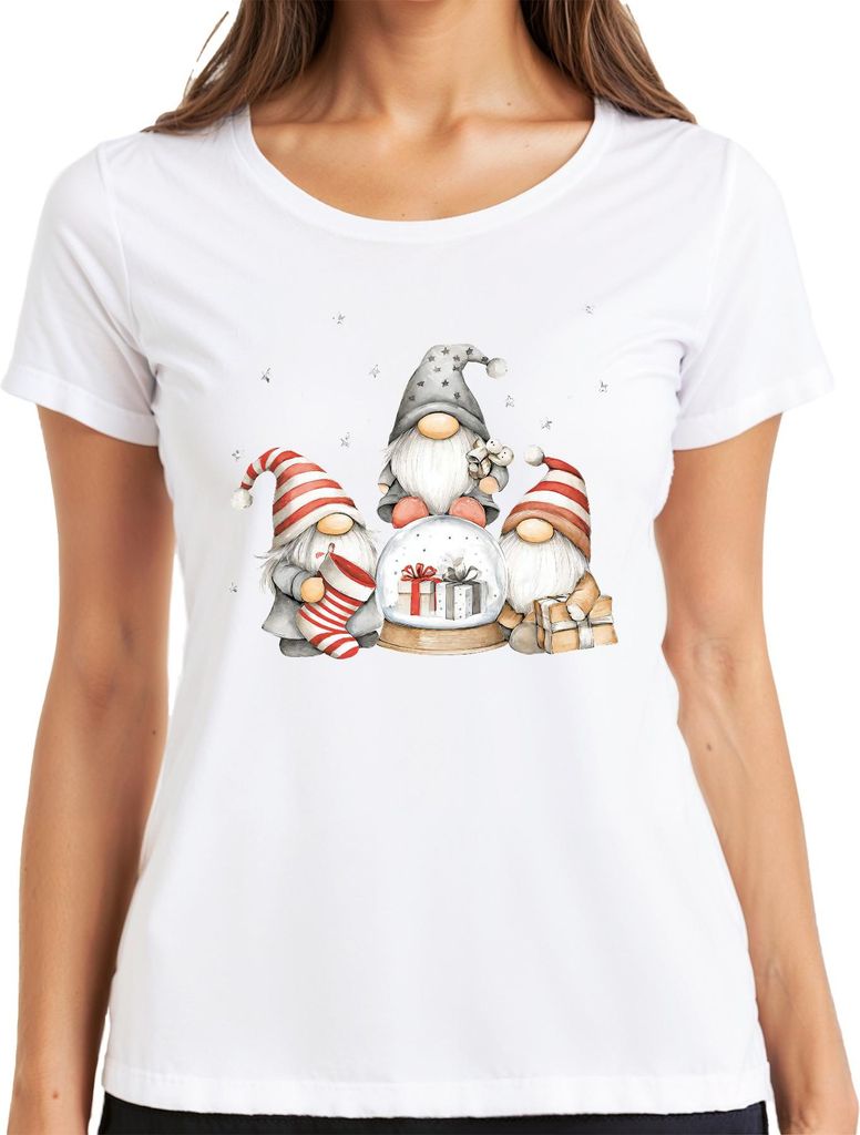 Weihnachtswichtel Schneekugel Geschenke skandinavisch Retro Damen T-Shirt, Weiß, XL