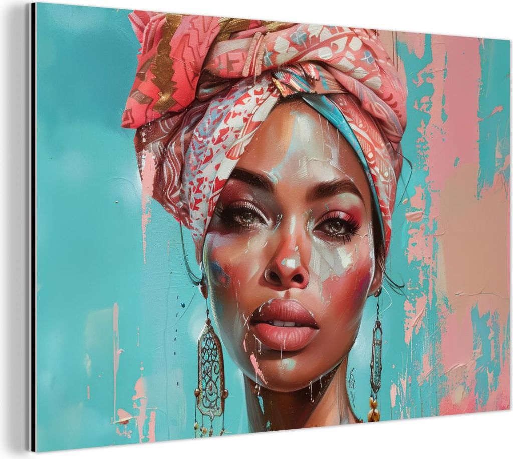 MuchoWow Wanddekoration Metall Metallbild Wandkunst 60x40 cm Frau - Porträt - Blau - Rosa - Modern MuchoWow Aluminium Gemälde - Gemälder