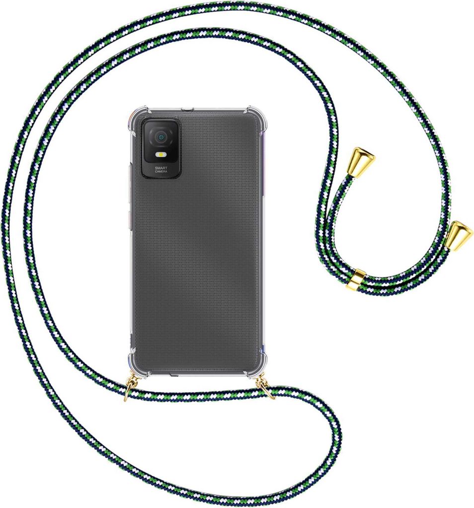 Handykette Backcover-Schutzhülle mit Band (Metall goldfarben) für TCL 403 (T431, 6.0'') - grün/blau/weiß