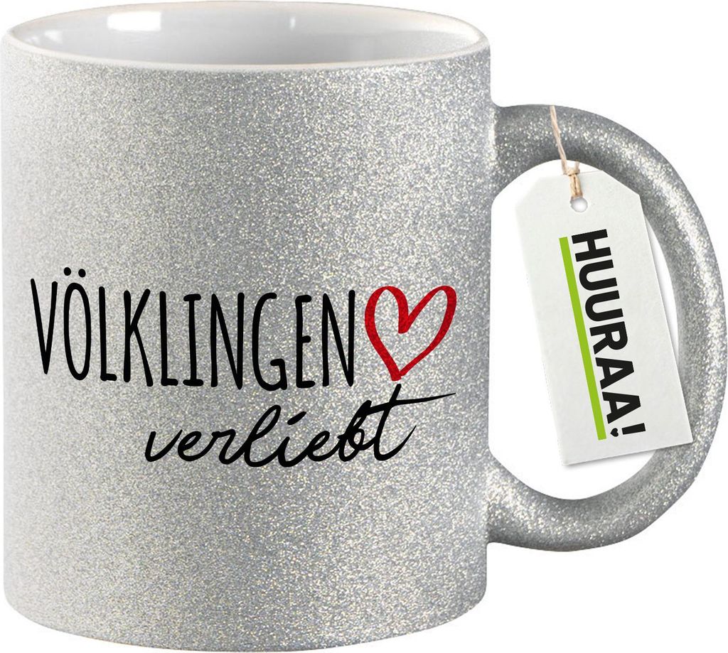 Huuraa Glitzertasse Völklingen verliebt 330ml Silber Keramik Kaffeebecher Geschenkidee