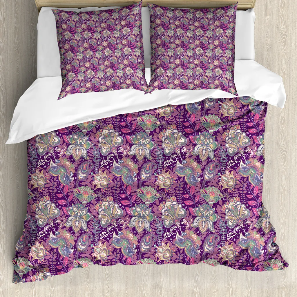 ABAKUHAUS Copripiumino con fiori, fiori e Mehndi, antiacaro, adatto a chi soffre di allergie, con federe, 155 cm x 220 cm - 80 x 80 cm, malva verde