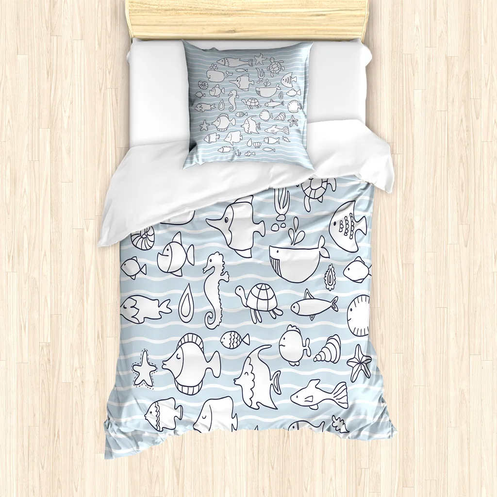 Housse de couette nautique 135x200 cm avec taie 80x80 cm bleu bébé
