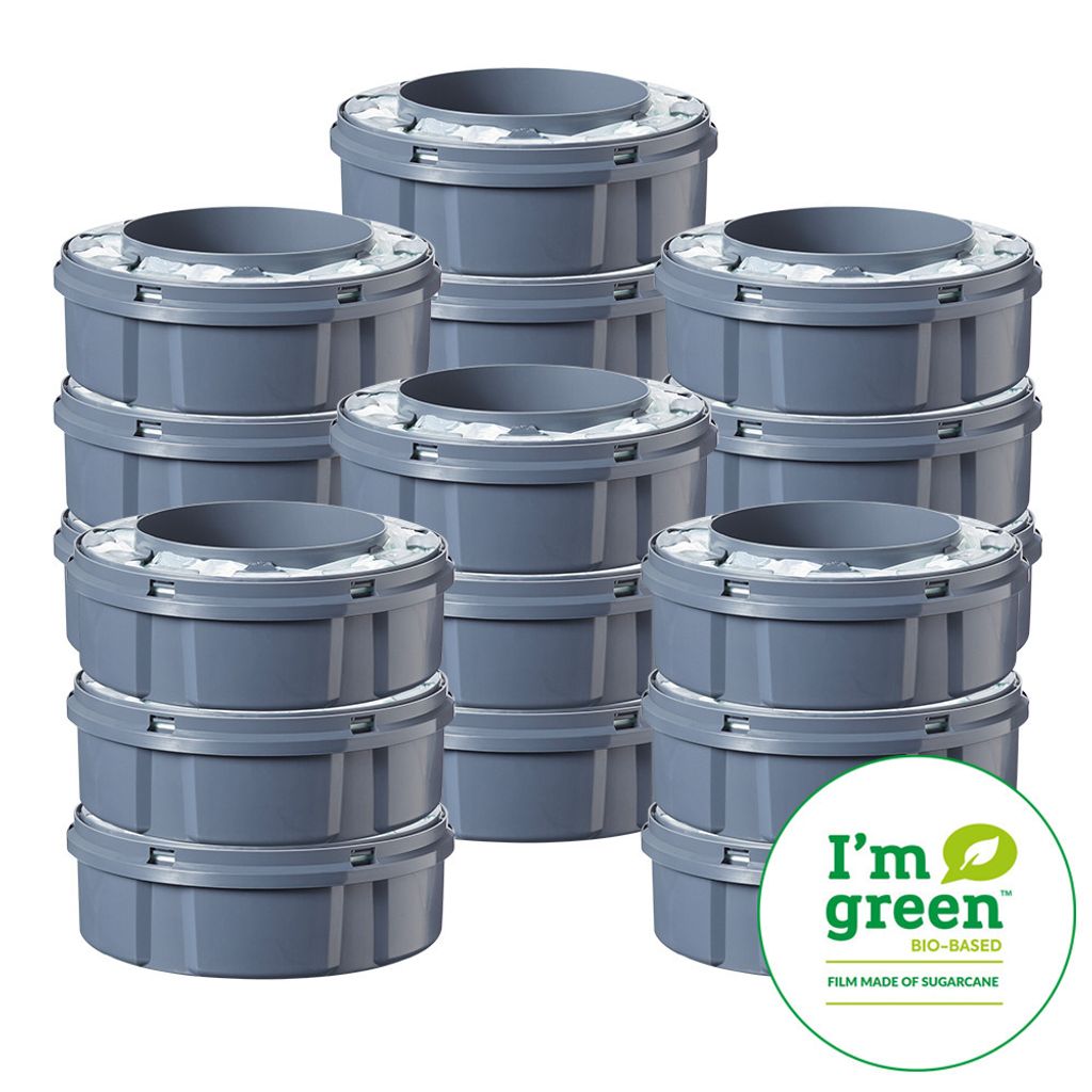 A stack of refill cassettes for a diaper pail, with a green bio-based logo in the corner.