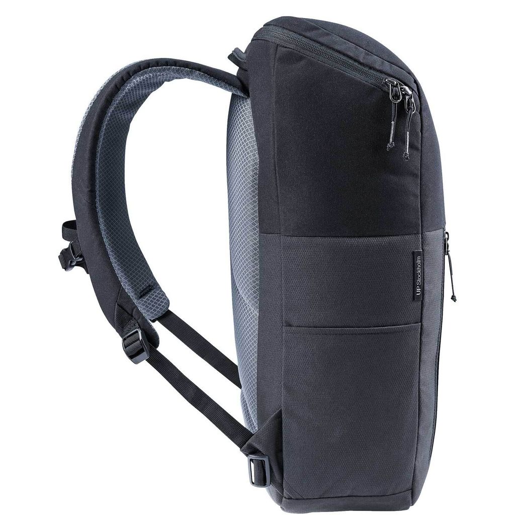 Side view of a black backpack.