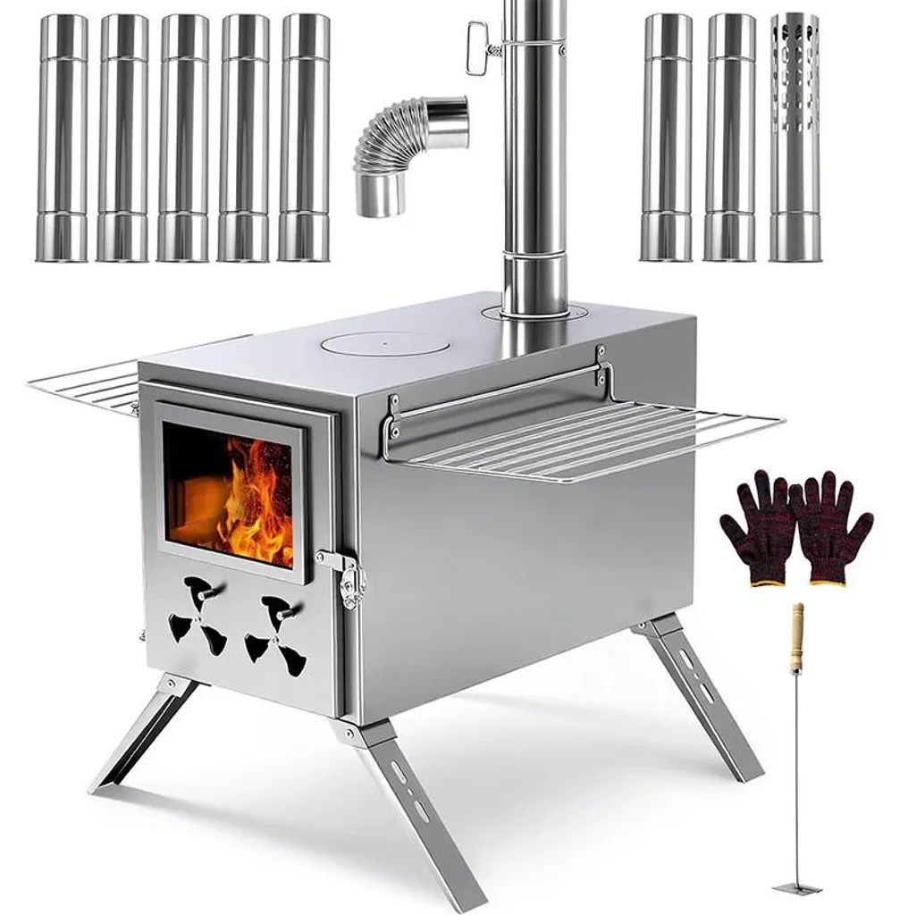 Poêle à bois portable P4ZPL argenté avec 9 tubes pour tente et camping