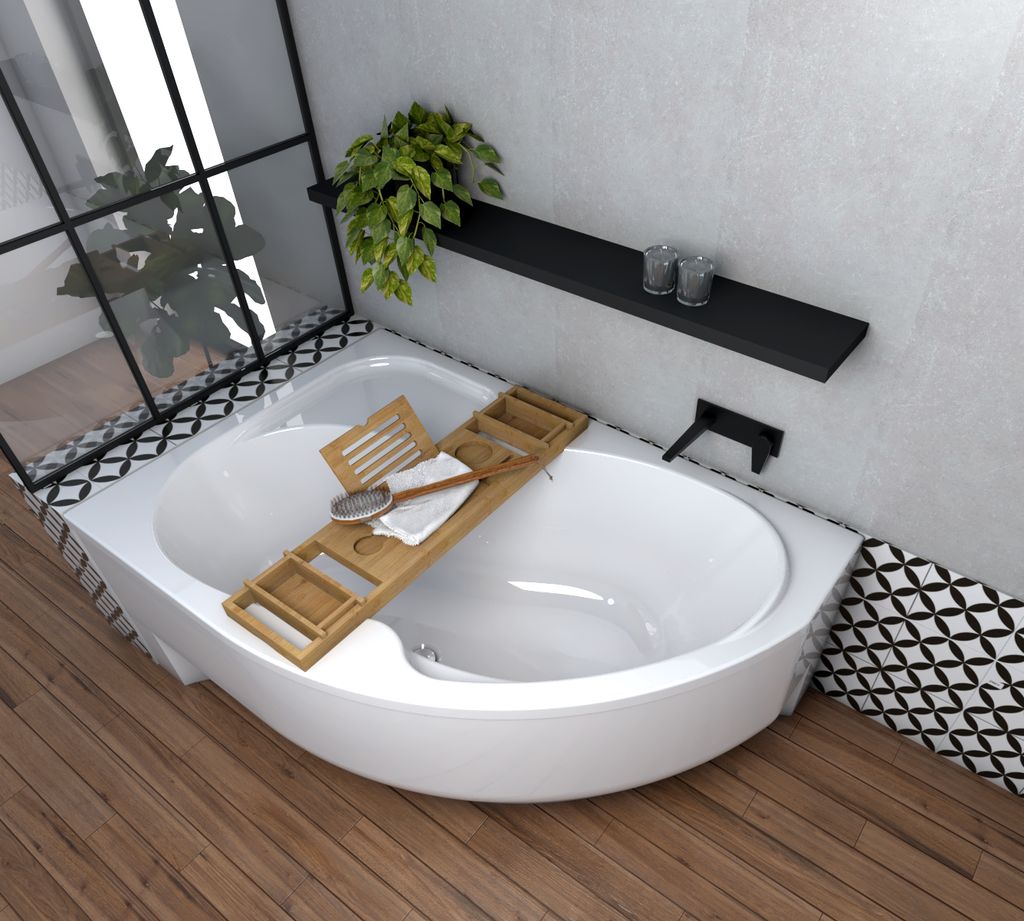 ECOLAM Badewanne Wanne Acrylwanne Eckbadewanne Acryl weiß WELA 160x100 cm LINKS + Bambus Ablage Wannenbrücke + Schürze Ablaufgarnitur Viega Auto...