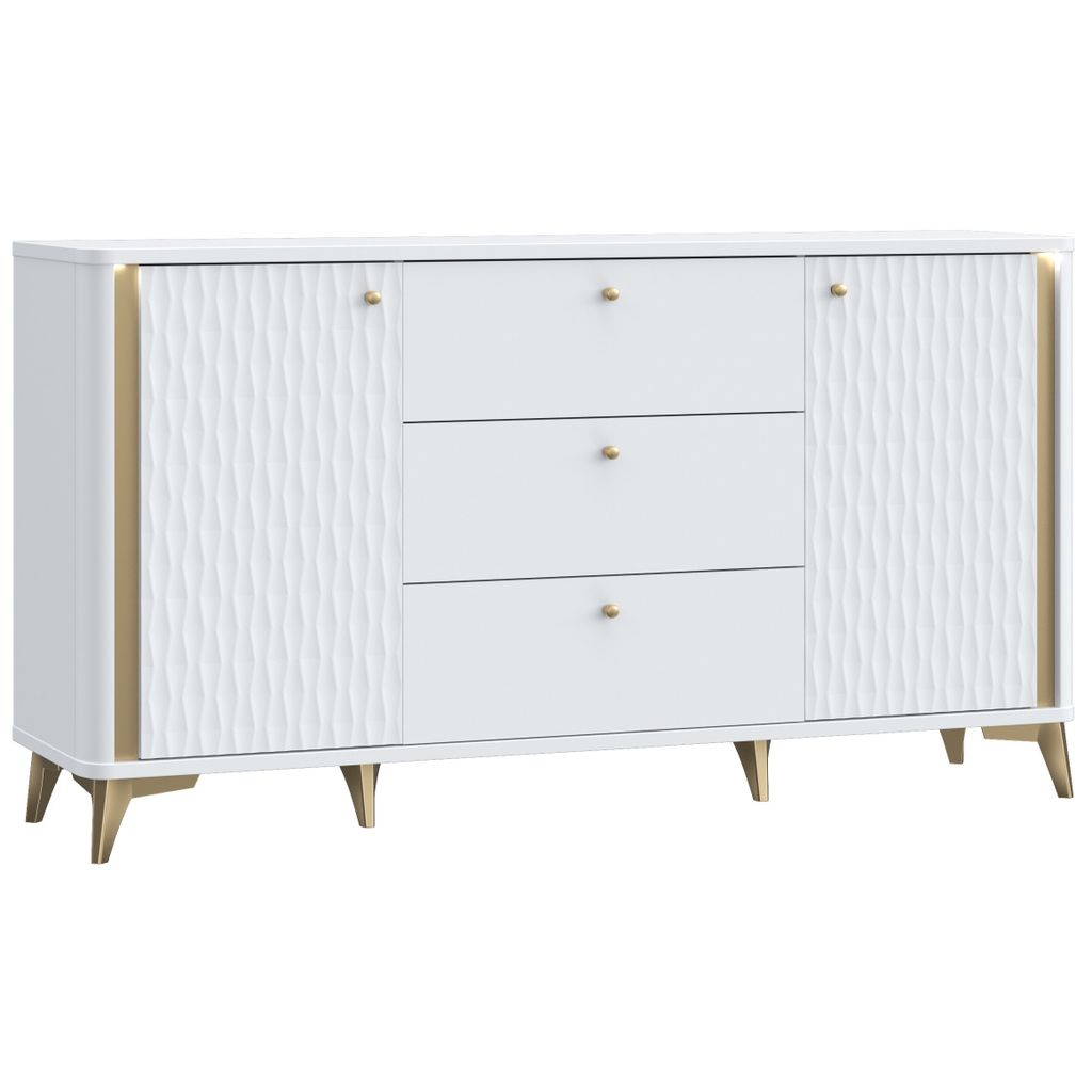 Casa Dolce Kommode WHITE HILL 232, weiß & gold, 160,5x41,5x87 cm, Abgerundete Ecken, 3 Schubladen, 2 Schränke mit Einlegeböden