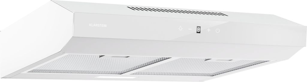 A white range hood is shown from a three-quarter angle against a white background.