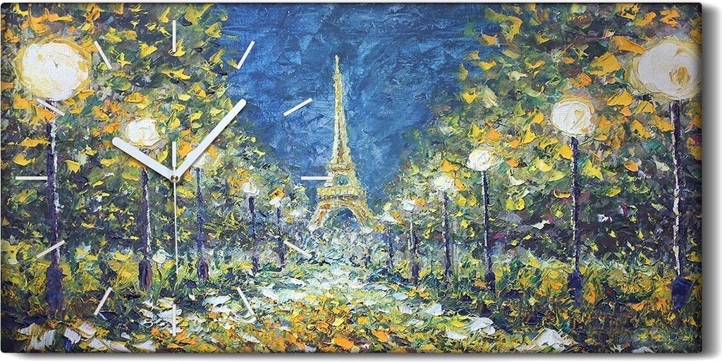 Wanduhr Uhr Wandbild Leinwand 60x30 Ölgemälde Park Bäume Eiffelturm Nacht - weiße Hände