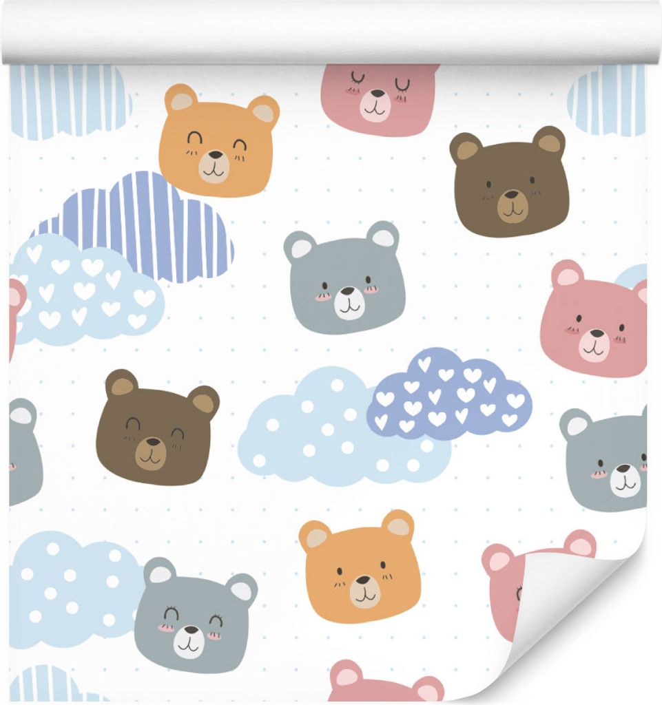 10m VLIES TAPETE Rolle Kinderzimmer Tiere Bären Himmel Wolken Herzen XXL