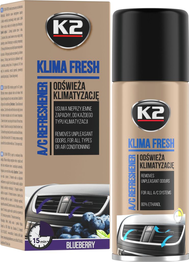 A product shot of an air conditioner refresher spray and its packaging.