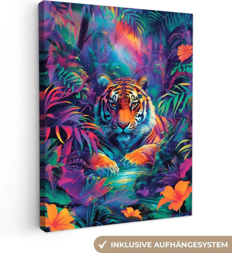 MuchoWow - Leinwandbilder - Tiger - Tier - Dschungel - Farbenfroh, Wandbild, Wanddeko Bilder Wohnzimmer, 60x80 cm