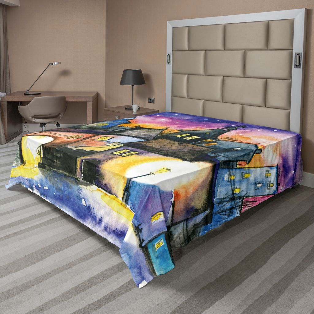 ABAKUHAUS Abstrakt Bettlaken, Flippige Aquarelle Malen Kleinstadt Sonderbare Winkel Am Himmel Reflexions Nebel Bild, weiches bequemes oberes Bettla...