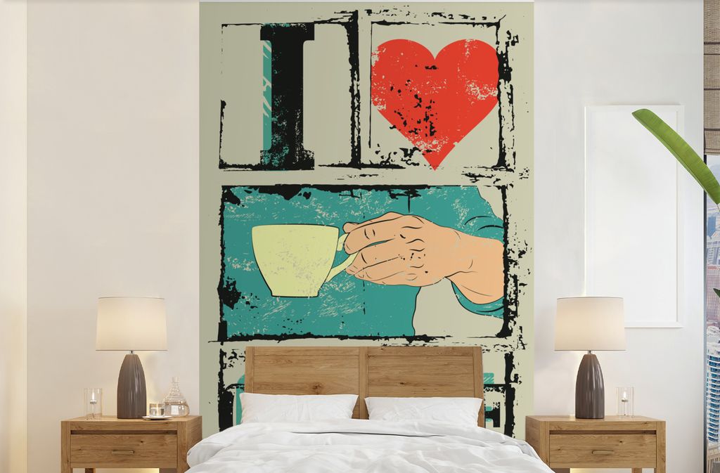 MuchoWow Fototapete für Wohnzimmer oder Schlafzimmer Wandtapete Vinyl Motivtapete Kaffee - Sprichwörter - Vintage - Zitate - Ich liebe Kaffee -...