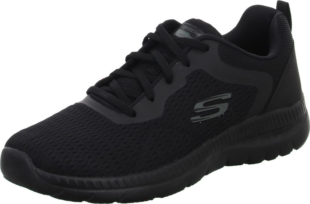 A black Skechers sneaker is shown from a side angle against a white background.