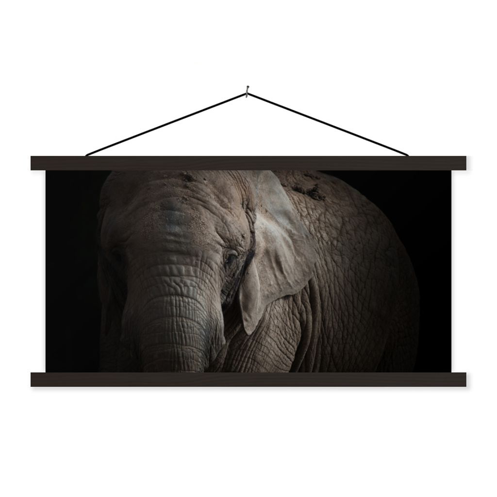 MuchoWow Textilposter Elefant - Porträt - Tiere - Schwarz 60x30 cm mit schwarzem Rahmen - Textilien