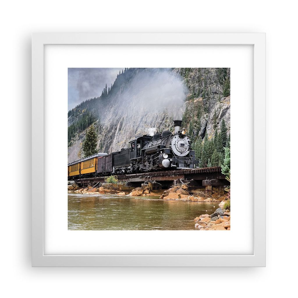 Gerahmtes Poster - Weißer Rahmen - Alt Lokomotive Berge - 30x30 cm - Wand Bild - Wanddeko - Wandbilder - Kunstposter - Wandposter - Bilderrahmen -...