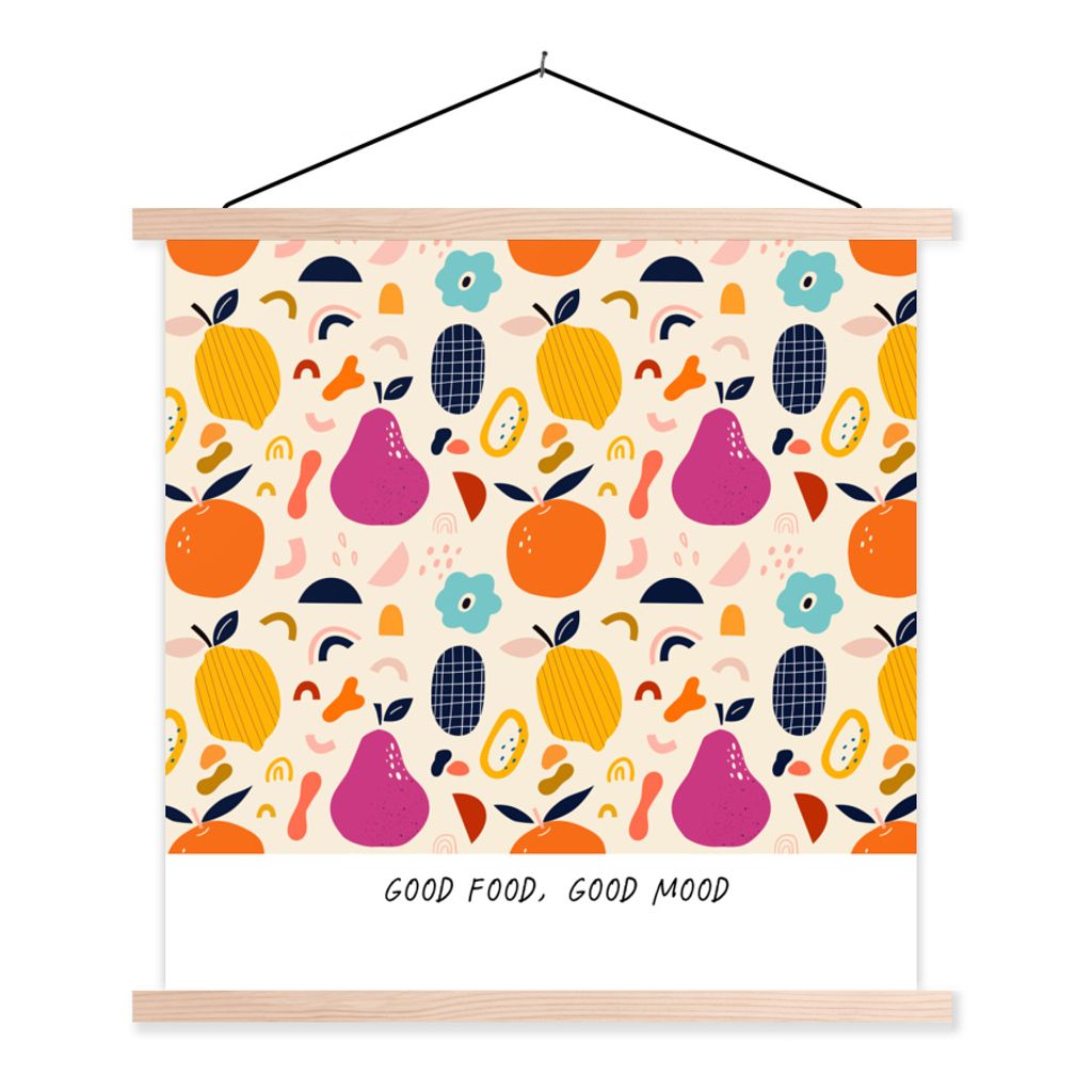 MuchoWow Textilposter Zitate - Sprichwörter - Essen - Gutes Essen, gute Laune 40x40 cm mit holzfarbenen Rahmen - Posterleiste